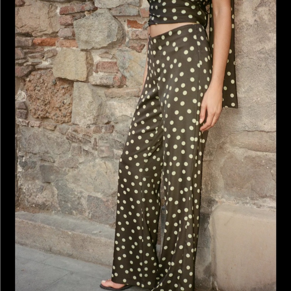 Zara Satin Flare Polka Dot Wide-Leg Pants